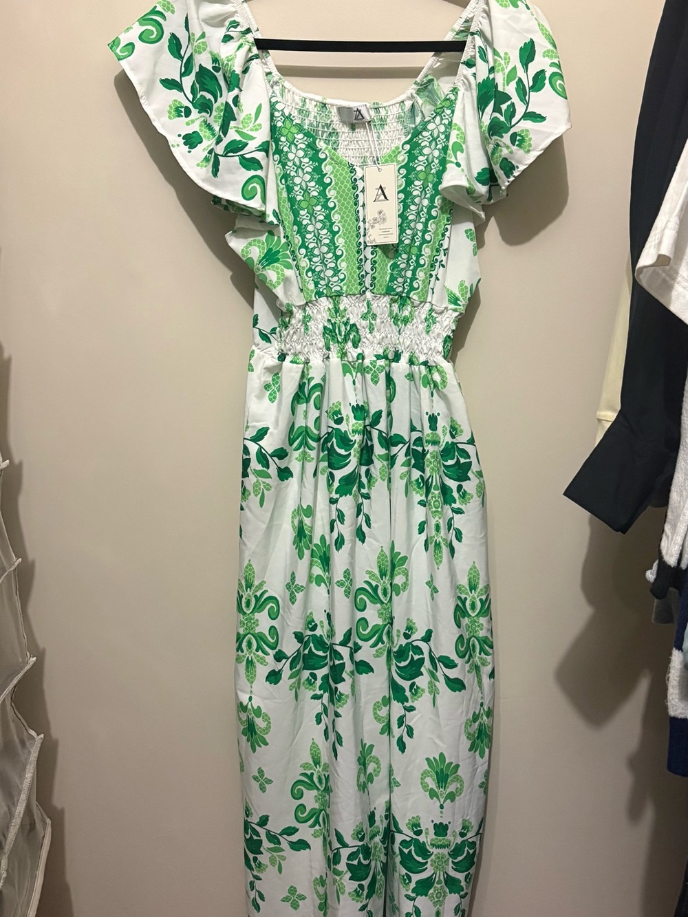 Green Floral Smocked Maxi Dress with Flutter Sleeves